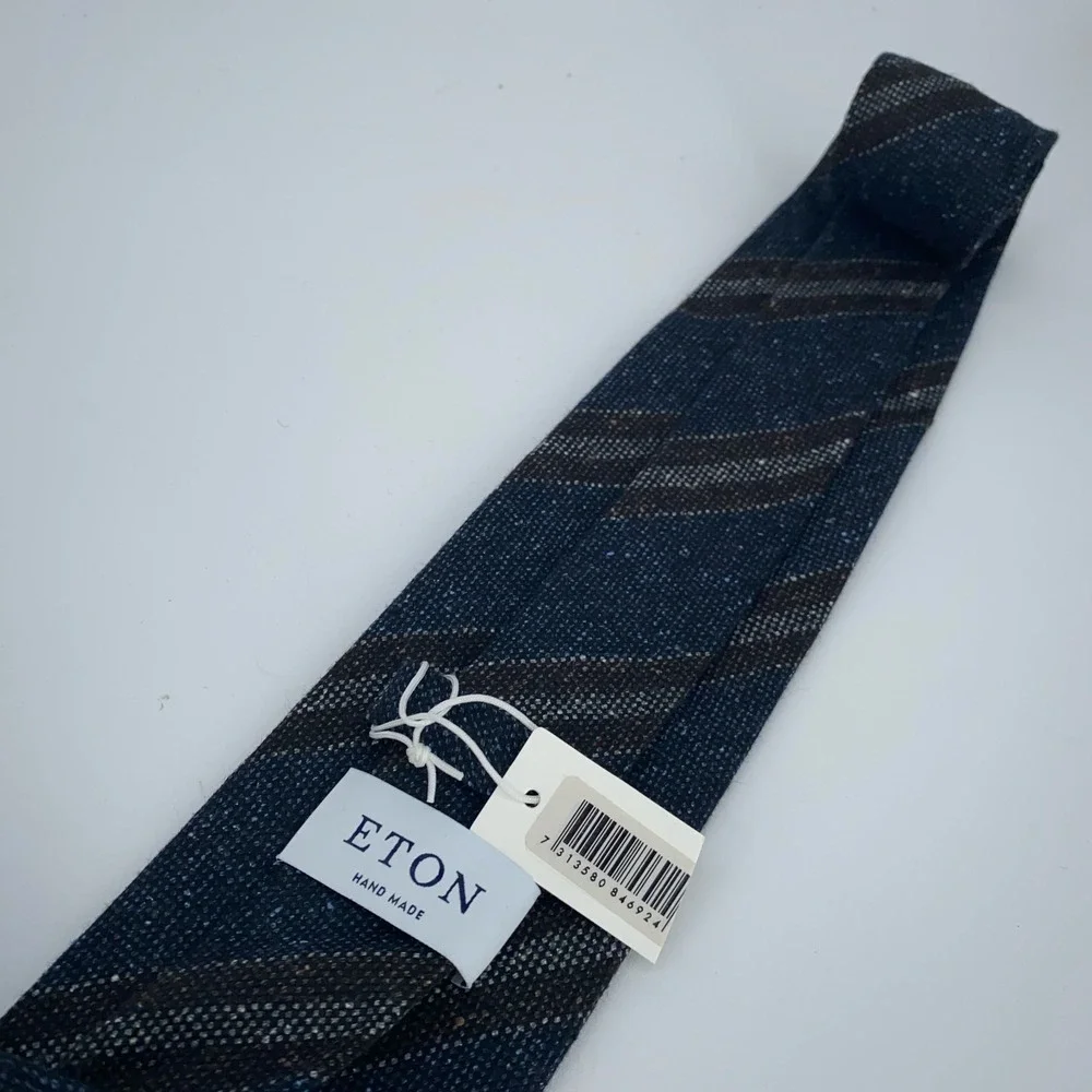 Eton Tie Mens One Size Brown Blue Striped Wool Professional Classic Fit Necktie
